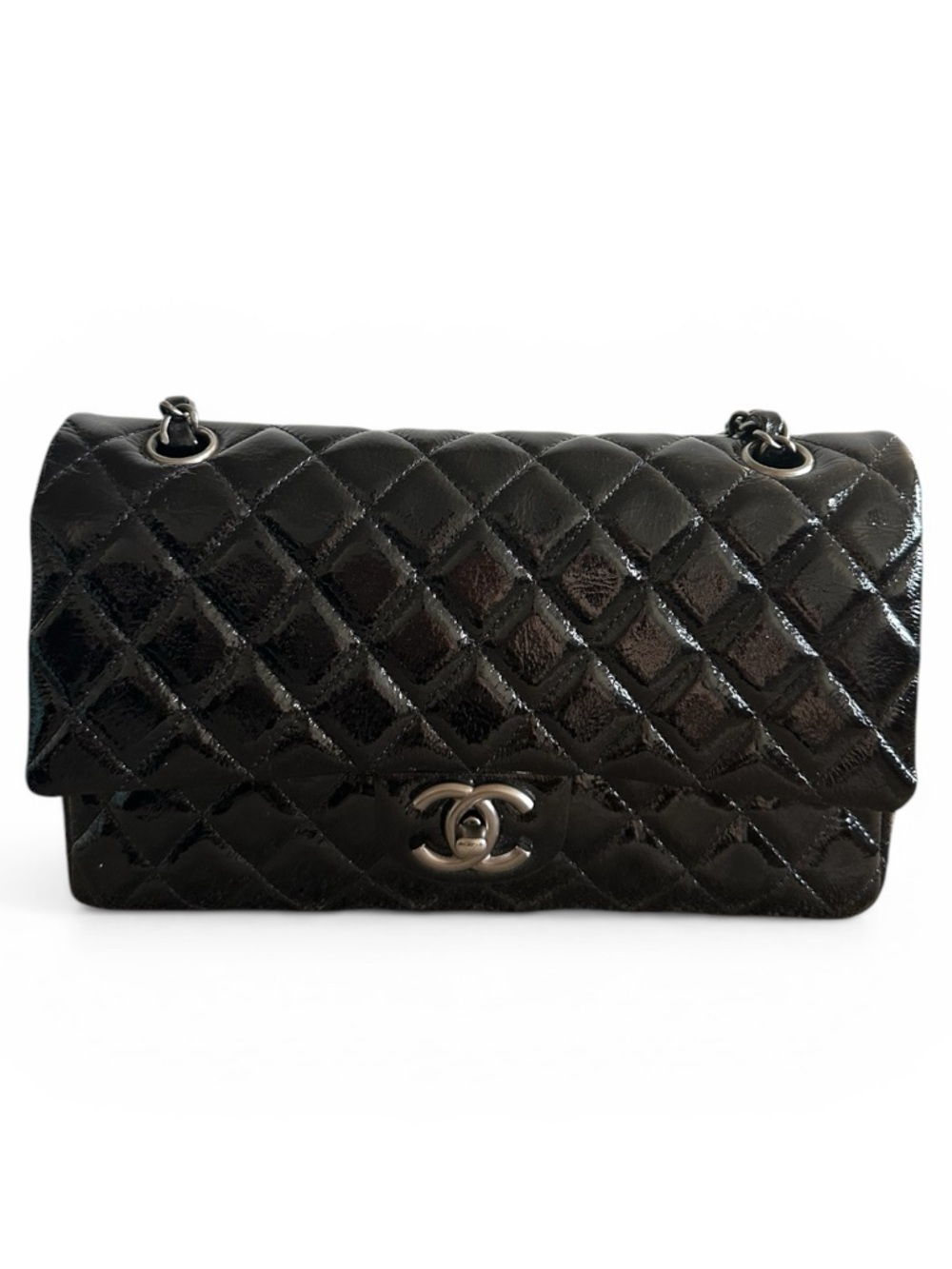 CHANEL Double Flap Quilted Patent Leather Shoulder Bag